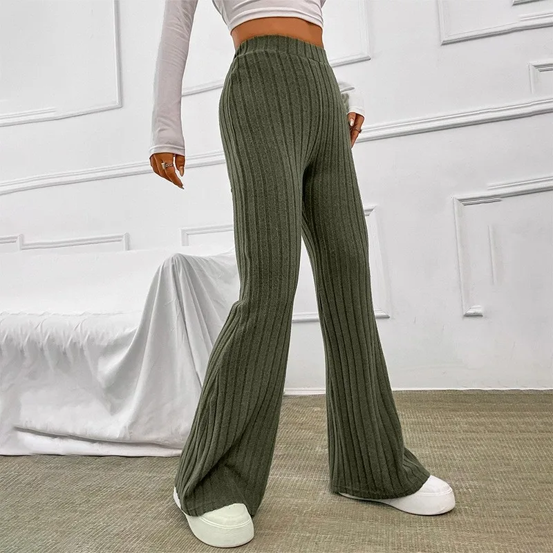 Y2K Ribbed Flare Pants - Elastic Mid Waist Slim Stretch Trousers