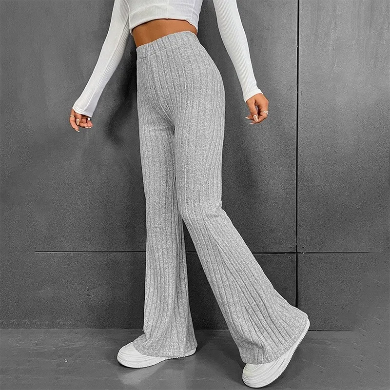 Y2K Ribbed Flare Pants - Elastic Mid Waist Slim Stretch Trousers