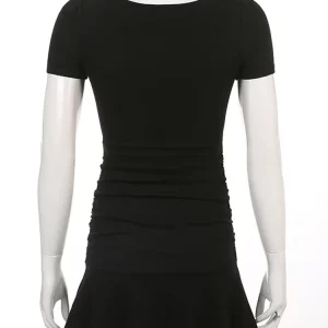 Y2K Ruched Bodycon Black Dress - Square Collar Knitted Casual Summer Party Outfit