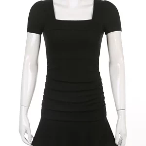 Y2K Ruched Bodycon Black Dress - Square Collar Knitted Casual Summer Party Outfit