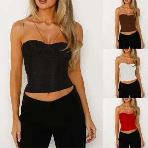 Y2K Ruched Crop Cami Top - Spaghetti Strap V-Neck Summer Shirt