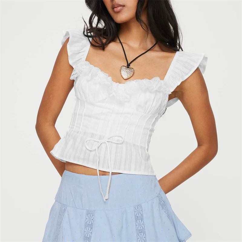 Y2K Ruffle Crop Top: Lace Trim Sleeveless T-Shirt Tank - Solid Color Streetwear