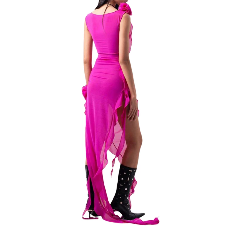 Y2K Ruffle Dress: Sleeveless Irregular Hem with 3D Flower Embellishments