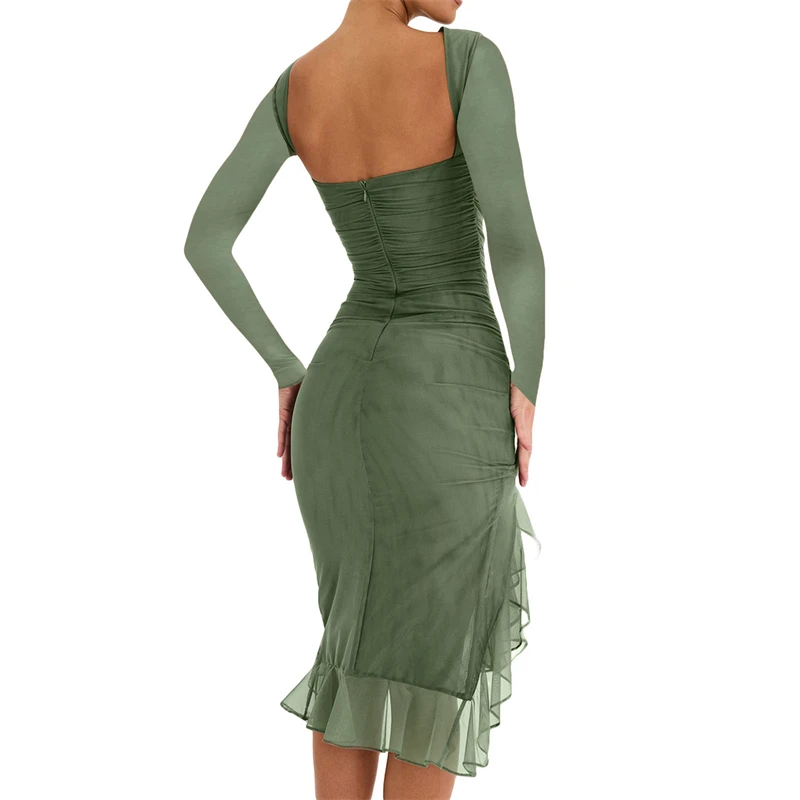 Y2K Ruffle Hem Backless Dress - Elegant Solid Color Evening Party Outfit