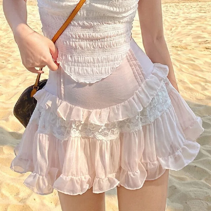 Y2K Ruffle Mini Skirt: High Waist Lace Pleated Grunge Fairy Short Skirt