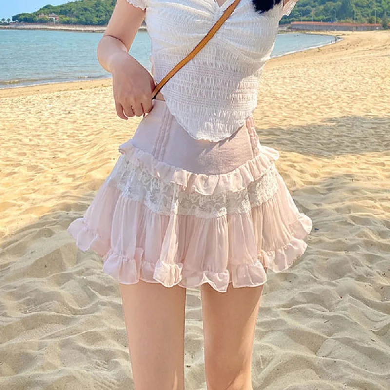 Y2K Ruffle Mini Skirt: High Waist Lace Pleated Grunge Fairy Short Skirt