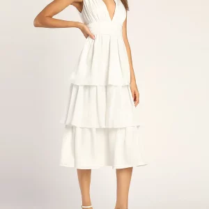 Y2K Ruffle Sling Midi Dress - Casual Sleeveless Vestidos