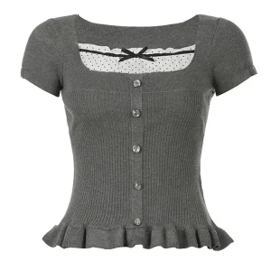 Y2K Ruffle Square Neck Knit Top - Cute Short Sleeve Button Shirt