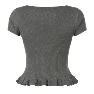 Y2K Ruffle Square Neck Knit Top - Cute Short Sleeve Button Shirt