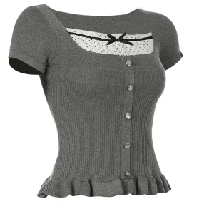 Y2K Ruffle Square Neck Knit Top - Cute Short Sleeve Button Shirt