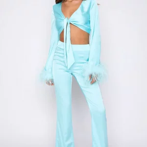 Y2K Satin 2-Piece Business Outfit: Feather Crop Blouse & Split Pants