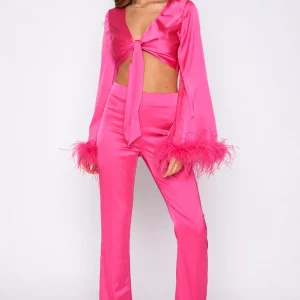 Y2K Satin 2-Piece Business Outfit: Feather Crop Blouse & Split Pants