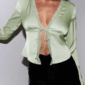 Y2K Satin Lace Trim V-Neck Blouse with Puff Sleeves