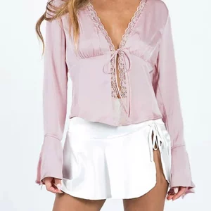 Y2K Satin Lace Trim V-Neck Blouse with Puff Sleeves