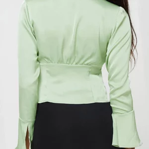 Y2K Satin Lace Trim V-Neck Blouse with Puff Sleeves