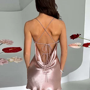 Y2K Satin Mini Dress with Backless Cowl Neck and Cross Tie-Up - Sexy Nightclub Outfit