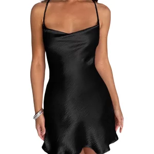 Y2K Satin Mini Dress with Backless Cowl Neck and Cross Tie-Up - Sexy Nightclub Outfit