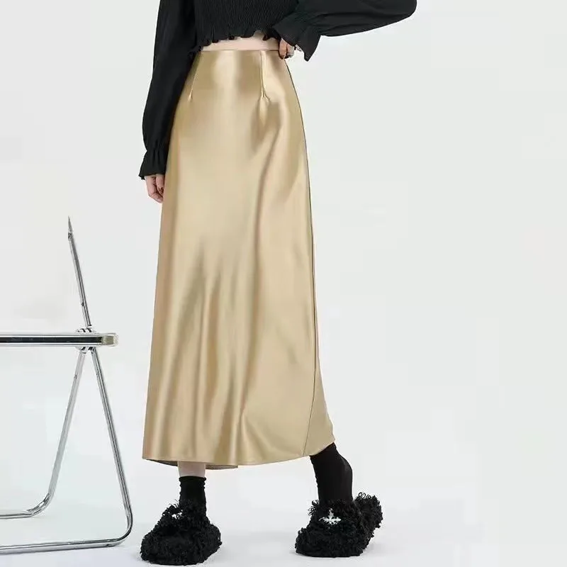 Y2K Satin Split Skirt - High Waist A-Line Streetwear Midi - Elegant Office Lady Fashion