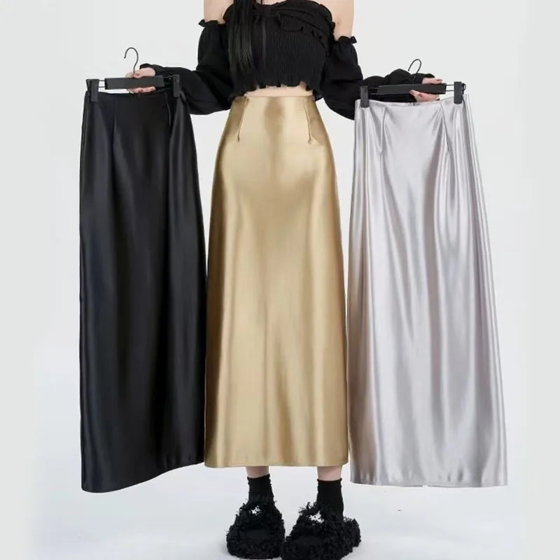 Y2K Satin Split Skirt - High Waist A-Line Streetwear Midi - Elegant Office Lady Fashion