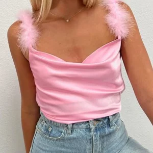 Y2k Satin Tank Top with Feather Shoulder Strap - Streetwear Camisole