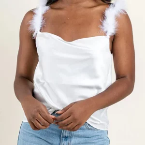 Y2k Satin Tank Top with Feather Shoulder Strap - Streetwear Camisole