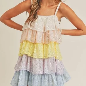 Y2K Sequin Cake Dress: Spaghetti Strap Sleeveless Mini Dress