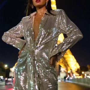 Y2K Sequin Deep V-Neck Shirt Dress - Long Sleeve Mini Skirt Evening Party Outfit