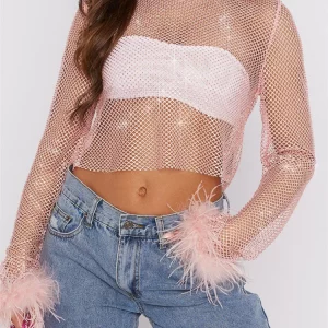 Y2K Sequin Feather Trim Crop Top - Vintage Fairycore Clubwear