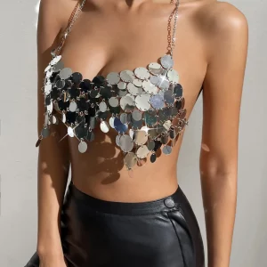 Y2K Sequin Halter Neck Crop Top - Silver Luxury Streetwear