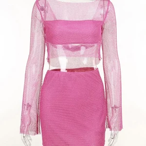 Y2K Sequin Mesh Two-Piece Set: Backless Crop Top & Mini Skirt - Sexy Party Club Outfit