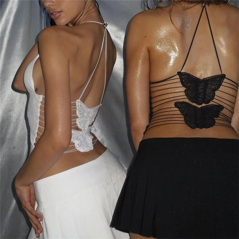 Y2K Sexy Backless Crop Top with 3D Butterfly Detail - Party Clubwear