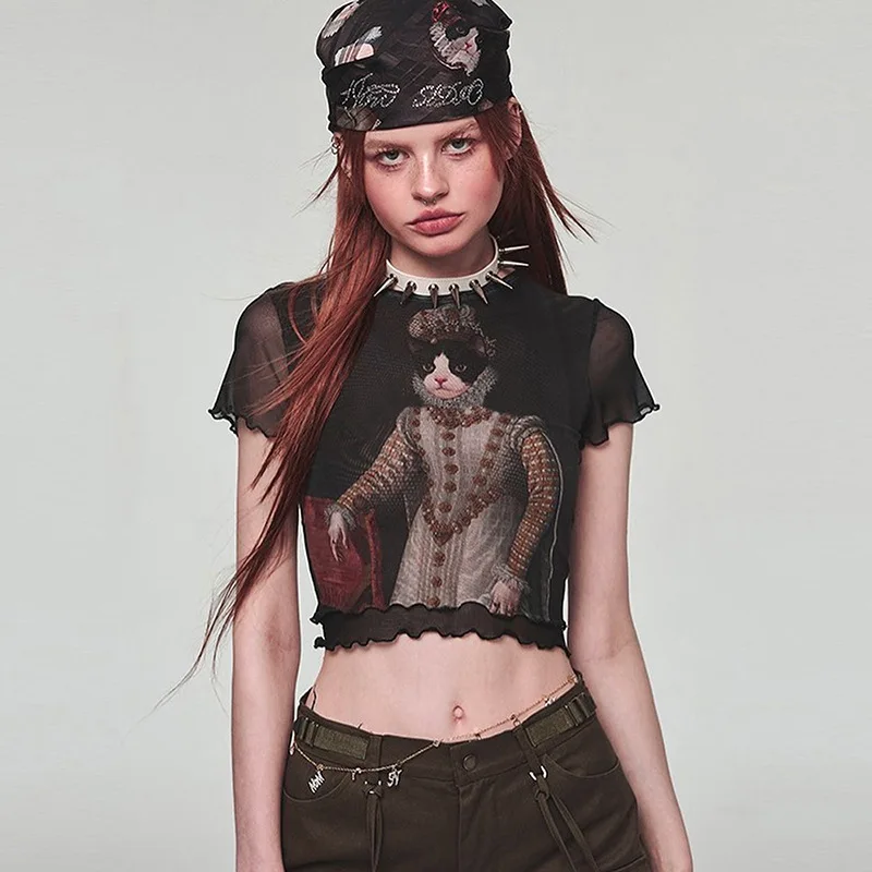 Y2K Sexy Cat Printed Mesh Crop Top - Vintage Goth Aesthetic Black Lace Tee