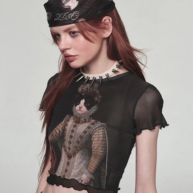 Y2K Sexy Cat Printed Mesh Crop Top - Vintage Goth Aesthetic Black Lace Tee