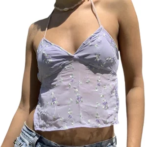 Y2k Sheer Lace Mesh Camisole Tank Top - Slim Fit Backless Embroidered - Fairy A