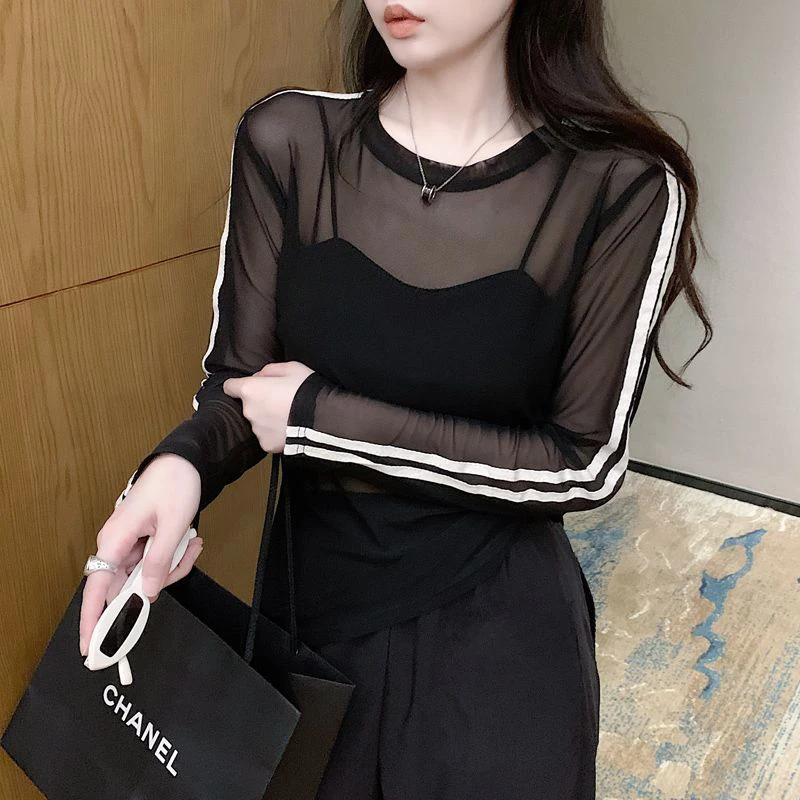 Y2K Sheer Striped Long Sleeve Mesh Blouse - Sun-Proof Streetwear Top