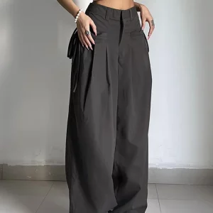 Y2K Shirred Wide Leg Pants - Retro Street Style Loose Sweat Trousers