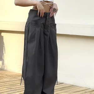 Y2K Shirred Wide Leg Pants - Retro Street Style Loose Sweat Trousers