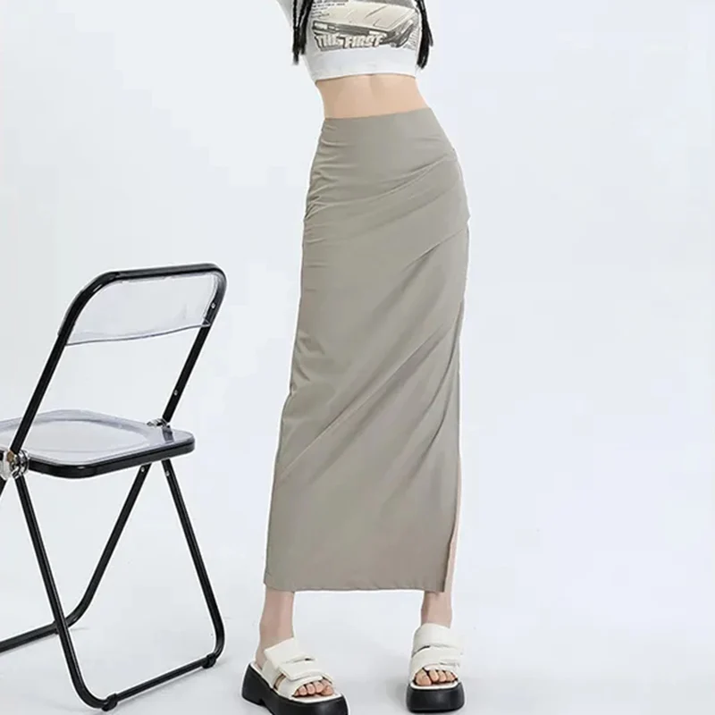 Y2K Side Slit Cargo Skirt - High Waist Korean Streetwear A-Line Midi Skirt