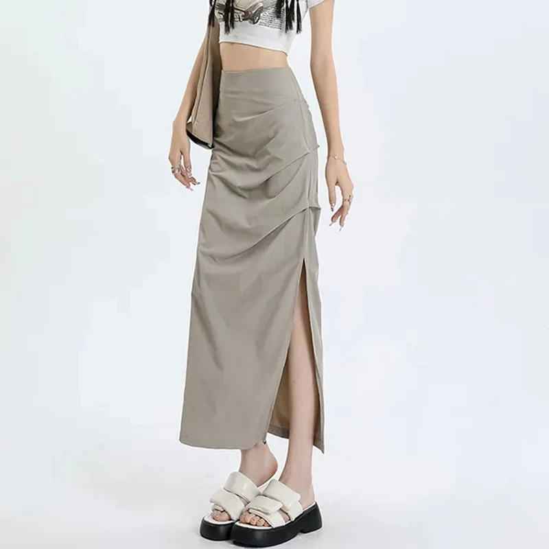 Y2K Side Slit Cargo Skirt - High Waist Korean Streetwear A-Line Midi Skirt