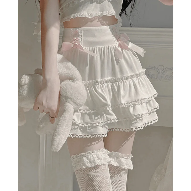 Y2K Skirt Coquette - Cute Bow Elastic High Waist Layered Ruffle A-Line Streetwear