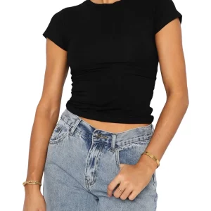 Y2K Slim Fit Crop Top: Solid Color Crew Neck Skinny Blouse