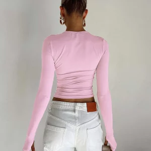 Y2K Slim Fit Long Sleeve Crop Top - Solid Color Crew Neck T-Shirt with Thumb Holes