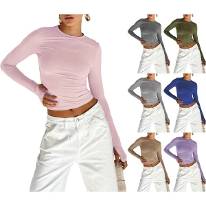 Y2K Slim Fit Long Sleeve Crop Top - Solid Color Crew Neck T-Shirt with Thumb Holes