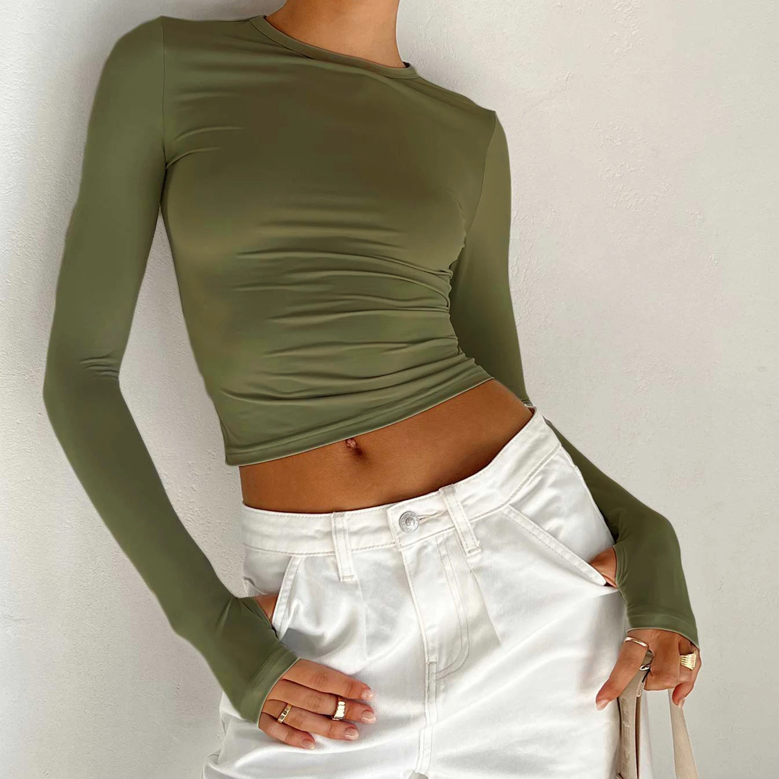 Y2K Slim Fit Long Sleeve Crop Top - Solid Color Crew Neck T-Shirt with Thumb Holes