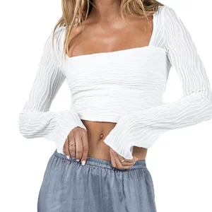 Y2K Slim Fit Square Neck Crop Top - Solid Color Long Sleeve Tee