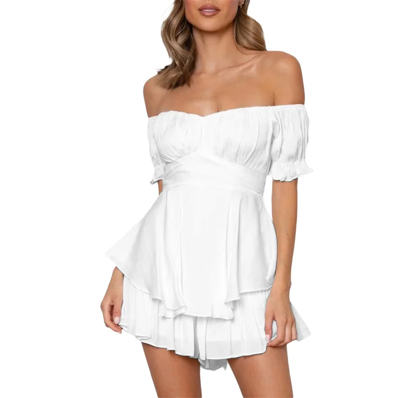 Y2K Solid Color Off-Shoulder Jumpsuit: High Waist Ruffle Romper