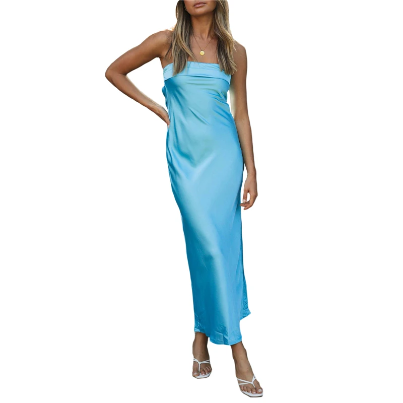 Y2K Solid Color Satin Bodycon Tube Dress - Off Shoulder Sexy Club Party Midi Dress