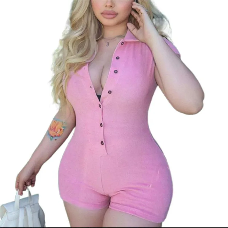 Y2K Solid Color Short Romper: Slim Fit Lapel Neck Jumpsuit