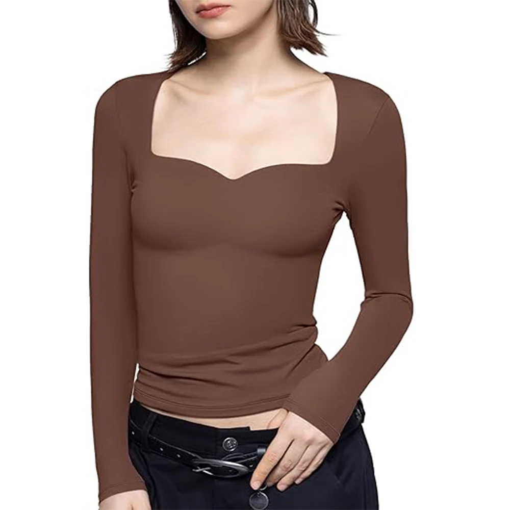 Y2K Solid Long Sleeve Crop Top - Square Collar Slim Fit Casual Tee