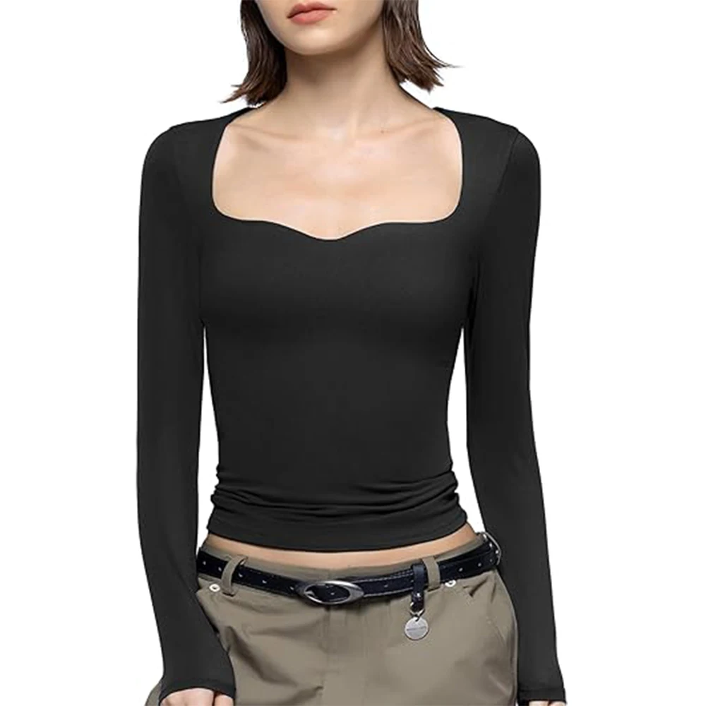 Y2K Solid Long Sleeve Crop Top - Square Collar Slim Fit Casual Tee